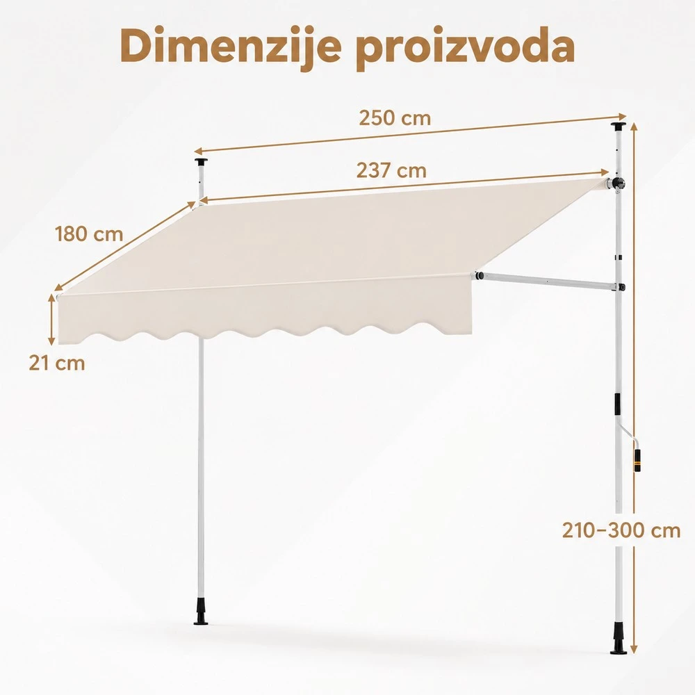 Balkonska tenda 250x125cm samostojeća - bež - Slika 2