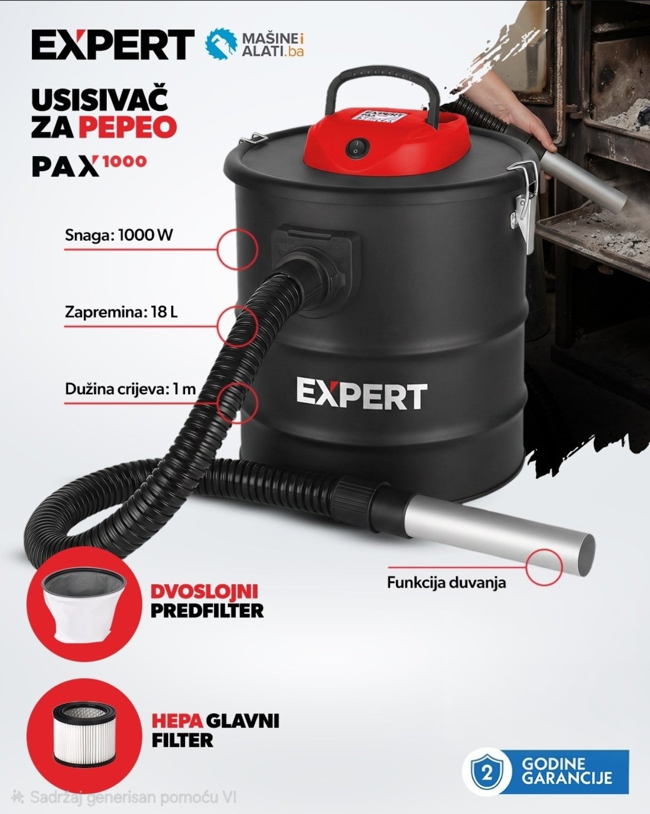 Usisivač za pepeo Expert 18L - 1000w - Slika 2